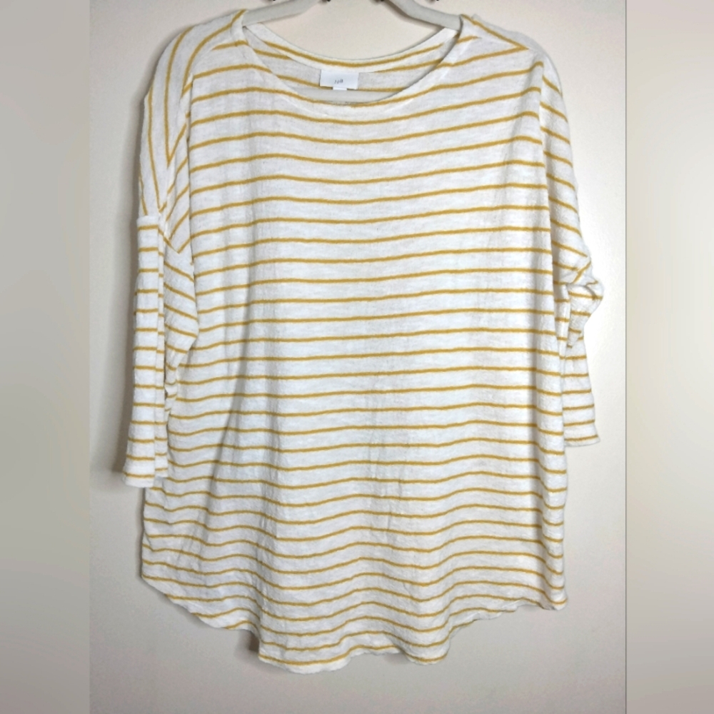 J. Jill (Sz L) White & Yellow Stripe Cotton Stretch Knit 3/4 Sleeves Popover Top